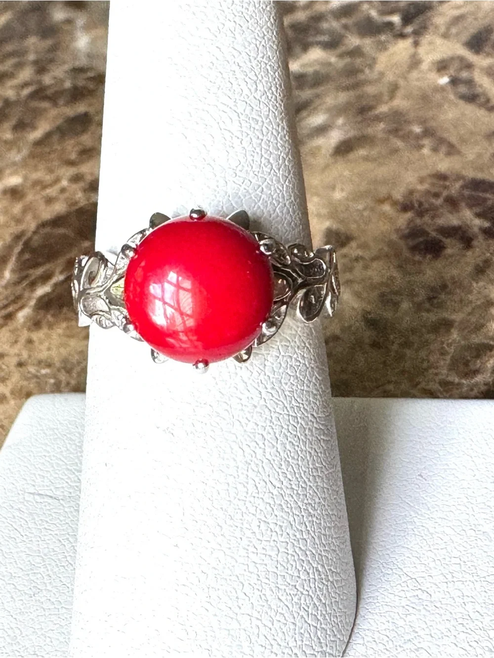 Vintage DK 925 Sterling Silver Red Cabochon Filigree Statement Ring Size 7